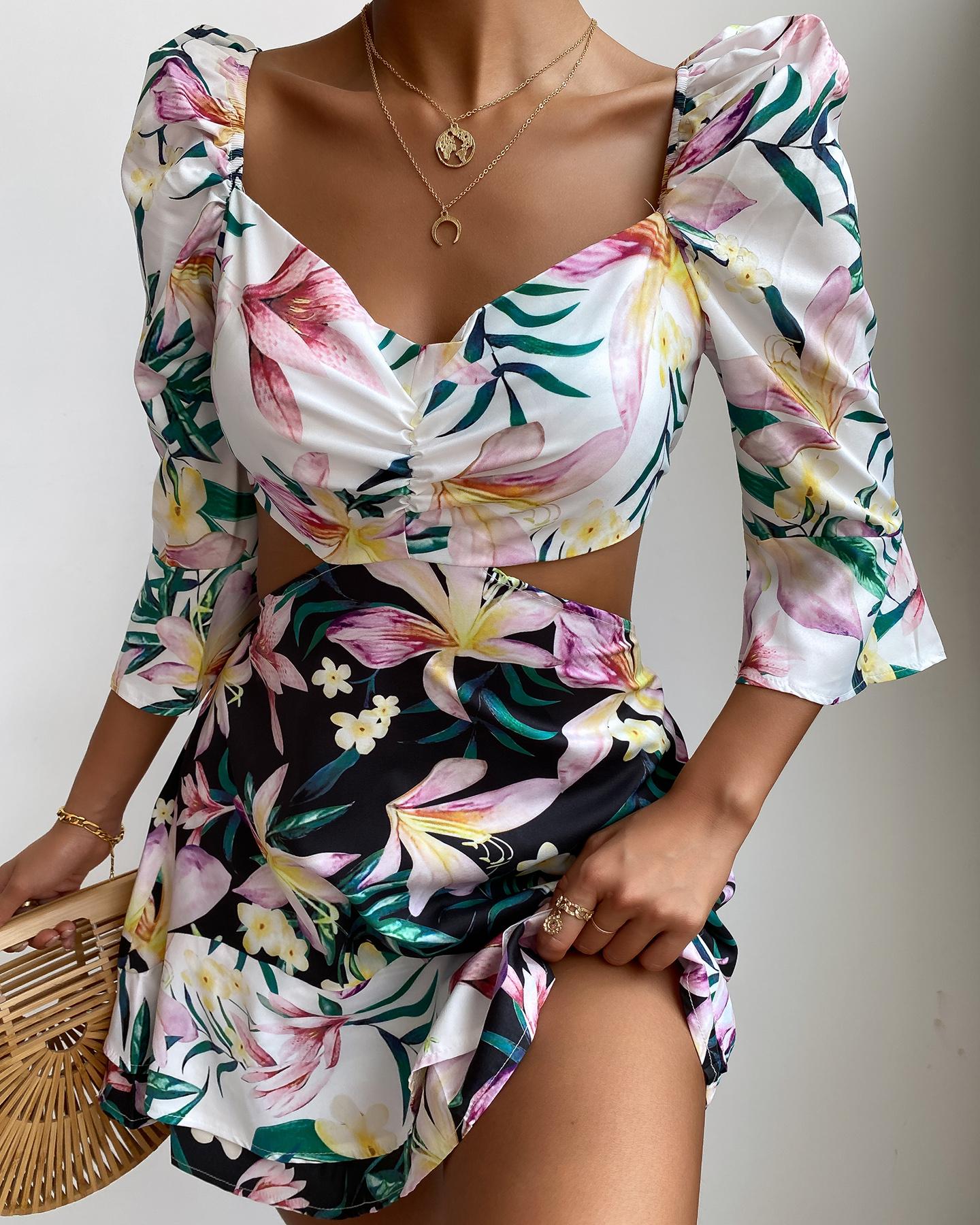 

Tropical Print Cutout Waist Puff Sleeve Dress, Multicolor