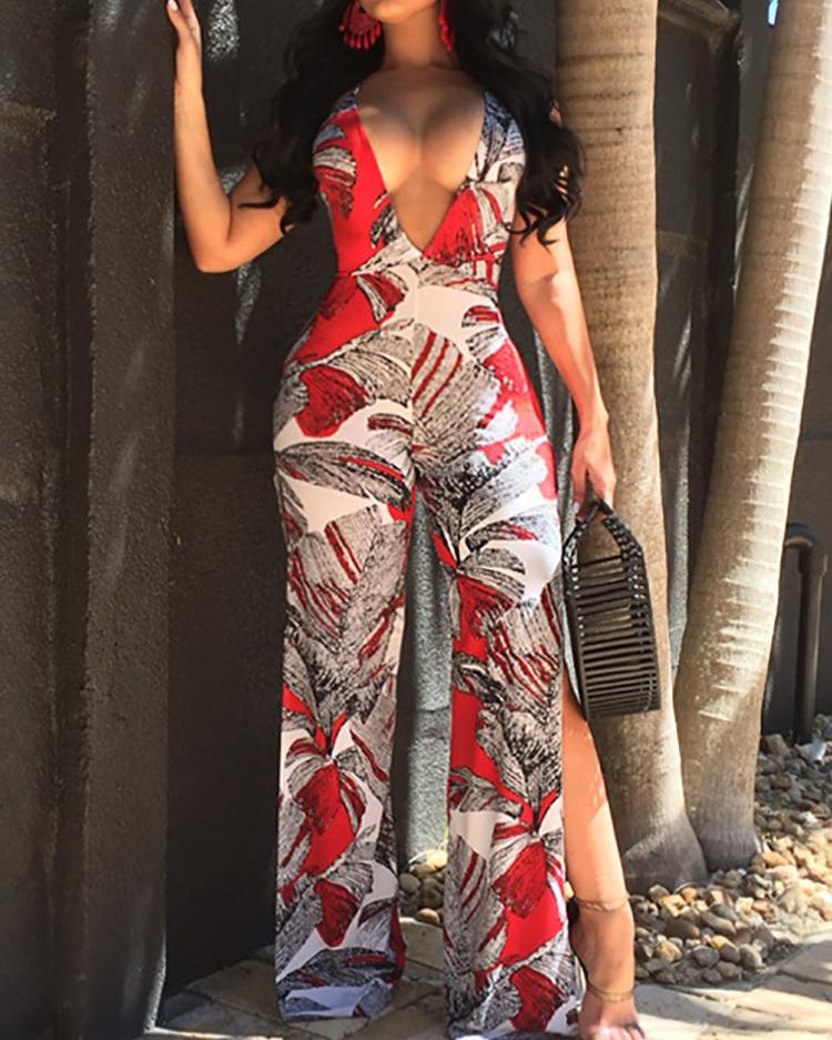 

Leaf Print Plunge Strappy Back Slit Wide Leg Jumpsuit, Red