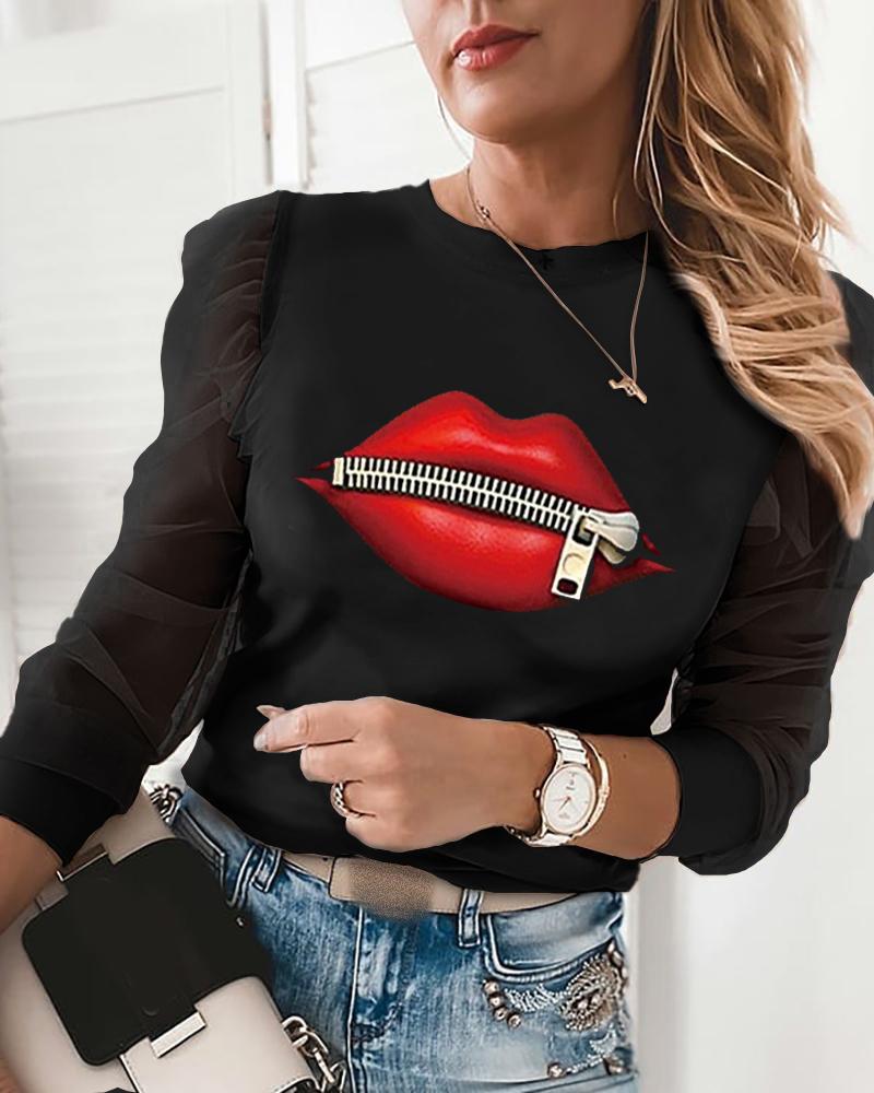

Lip Zipper Print Puff Sleeve Women Top, Black