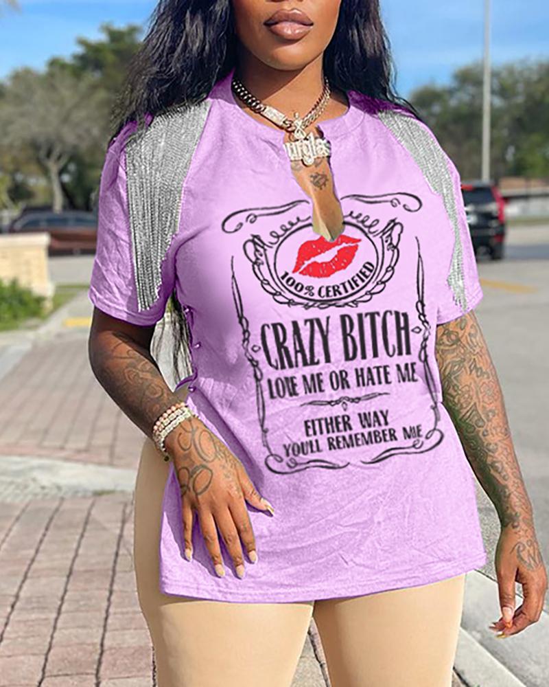 

Lip Letter Print Tassel Design Slit T-shirt, Light pink