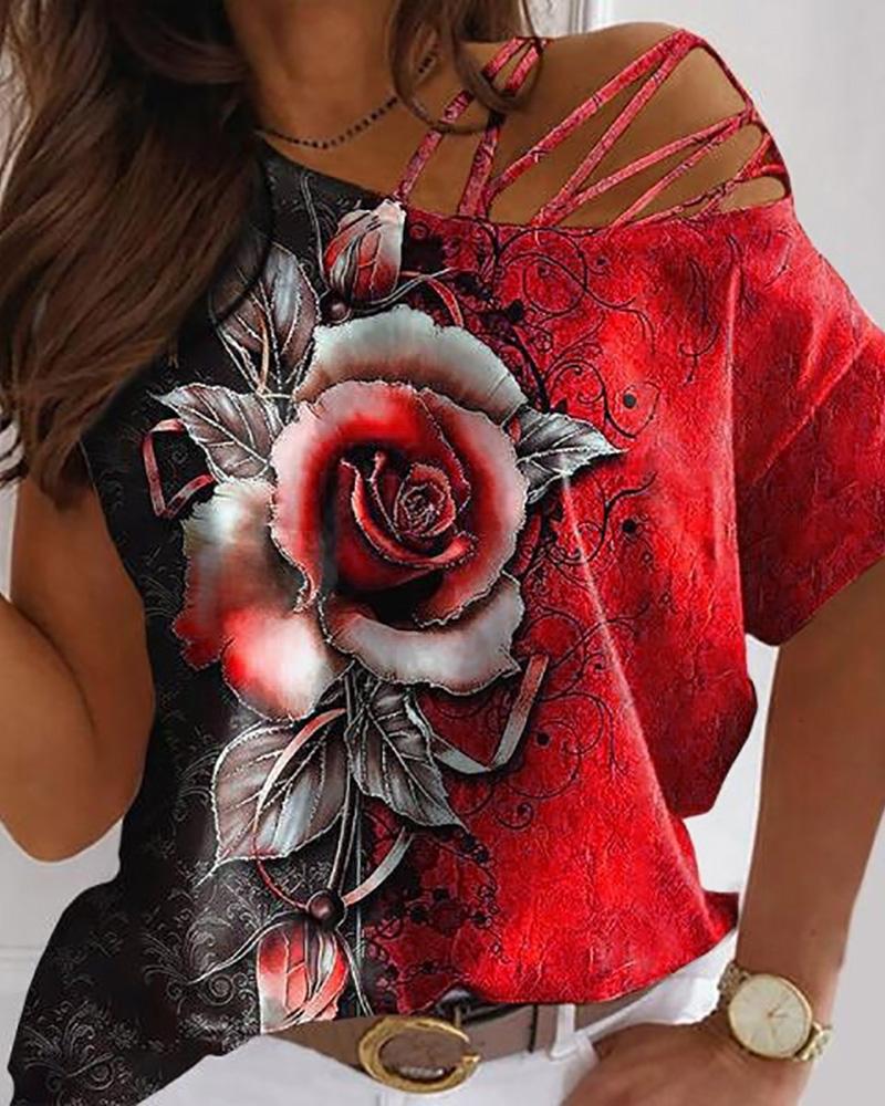 

Floral Print One Shoulder Lace-up Top, Red