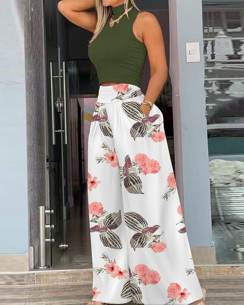 

Mock Neck Sleeveless Top & Tropical Print Wide Leg Pants Set, Green