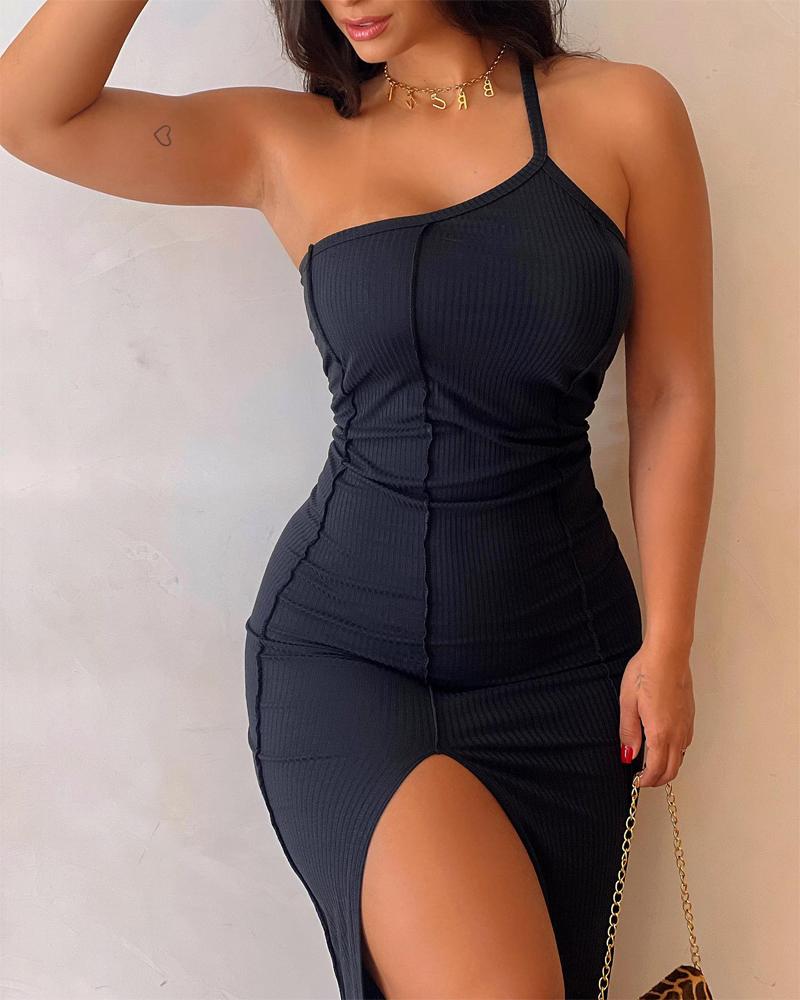 

Ribbed One Shoulder High Slit Dress, Black