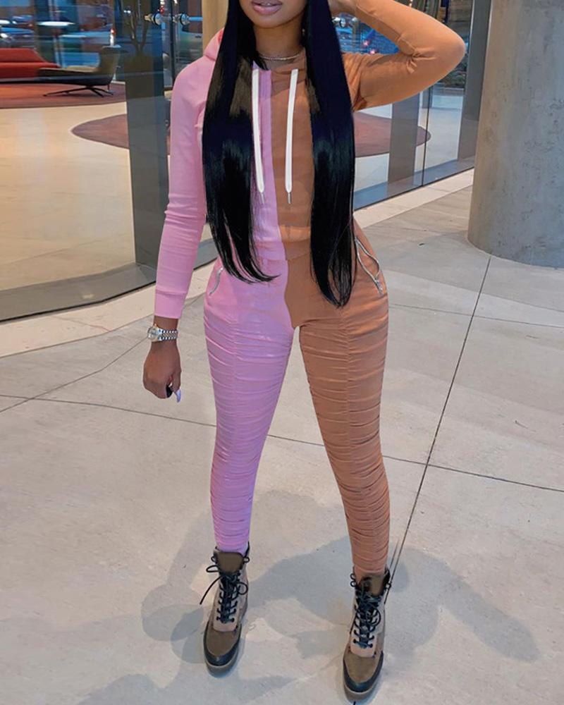 

Colorblock Long Sleeve Hoodie & Ruched Pants Set, Pink