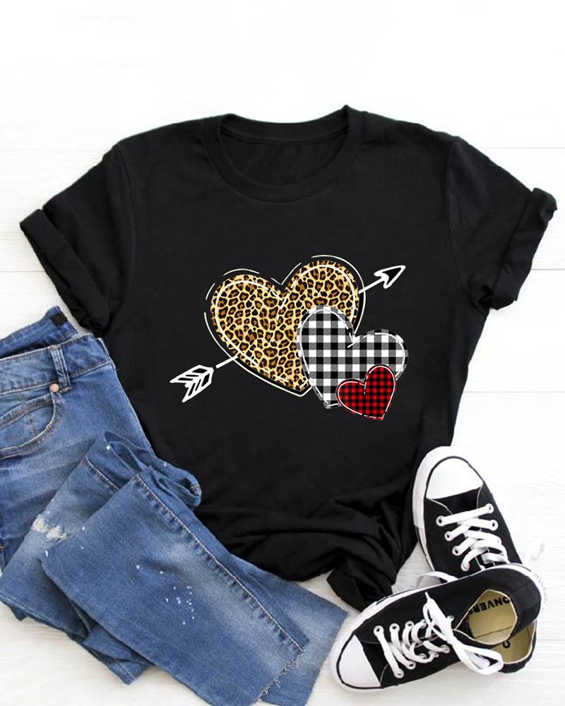 

Valentine's Day O-Neck Cheetah Heart Letter Print T-shirt, Style1