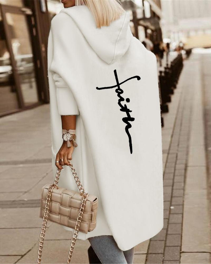

Letter Print Patch Pocket Longline Hooded Coat, White