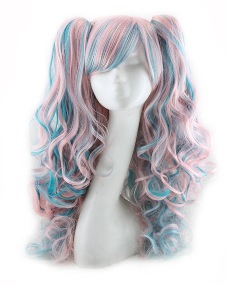 

Natural Looking Long Curly Hair Wig Two Tone Lolita Synthetic Wigs With Bangs Halloween Party Cosplay Wigs, Blue