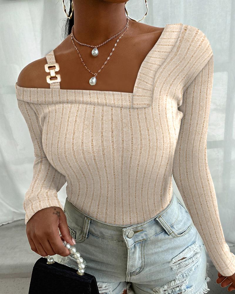 

Cold Shoulder Buckled Ribbed Top, Apricot