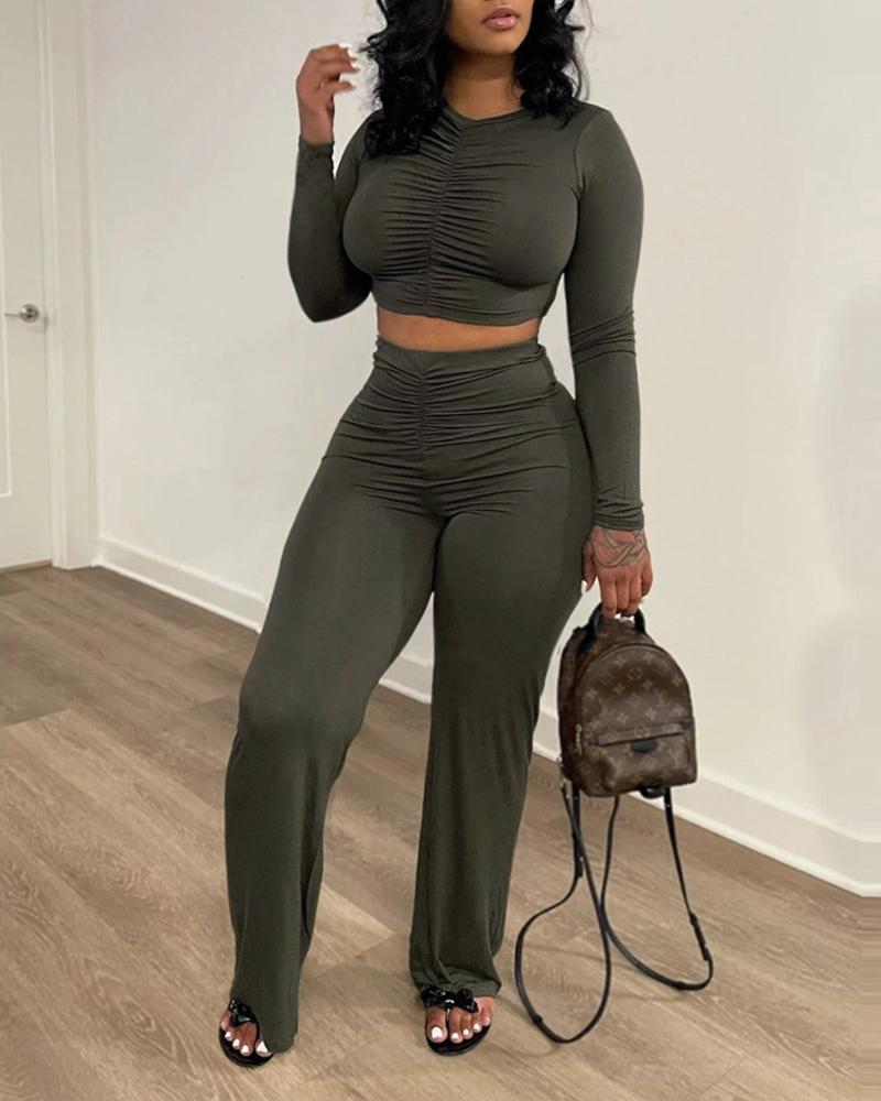 

Ruched Long Sleeve Crop Top & Wide Leg Pants Set, Green