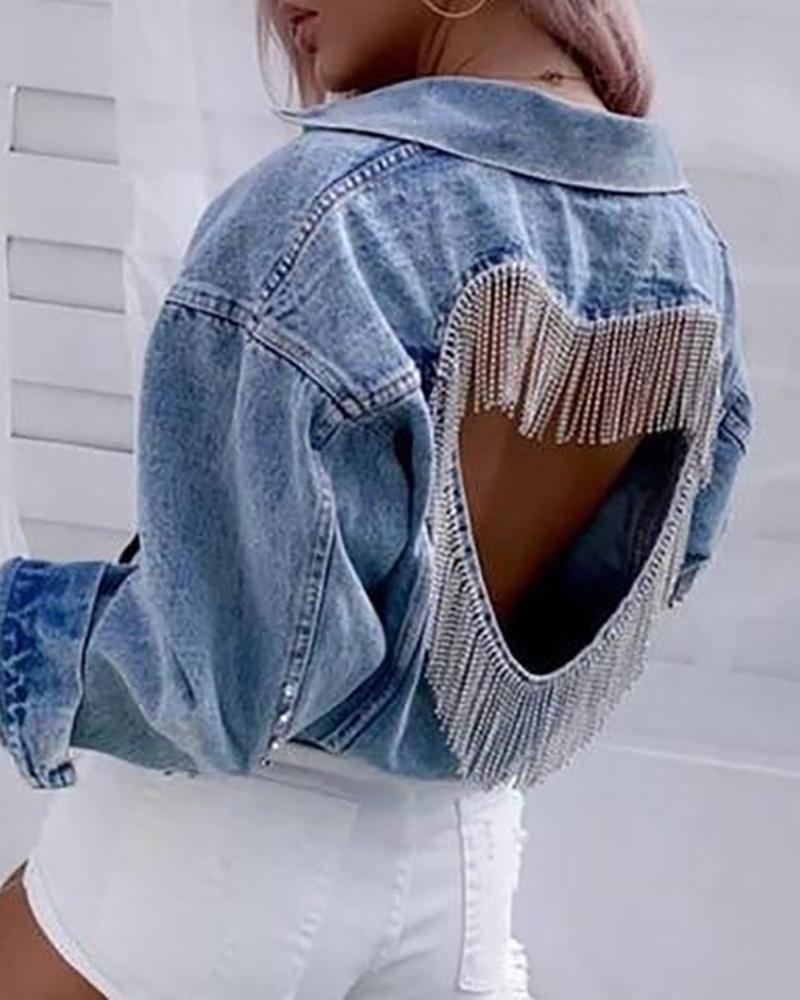 

Rhinestone Tassel Heart Shaped Backless Denim Coat, Blue