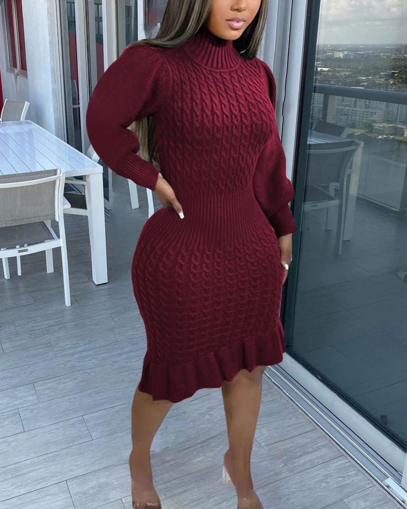 

Puff Sleeve Ruffle Hem Cable Knit Sweater Dress, Wine red