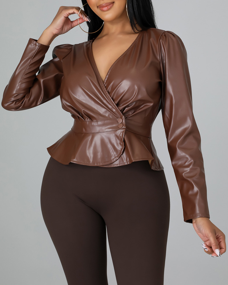 

PU Leather Buttoned Long Sleeve Top, Brown