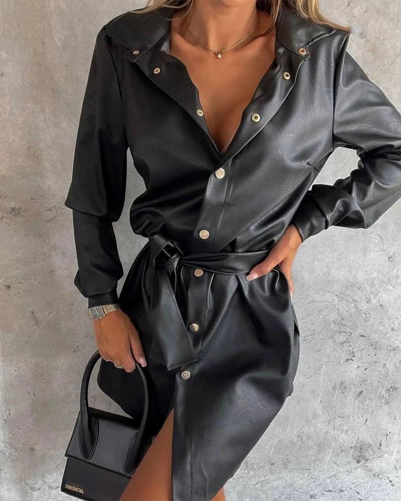 

Long Sleeve PU Leather Buttoned Shirt Dress, Black