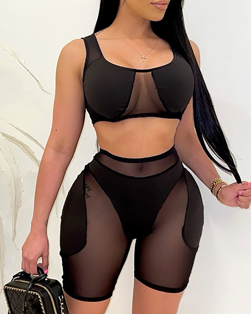 

Plain / Colorblock Sheer Mesh High Waist Active Sets, Black