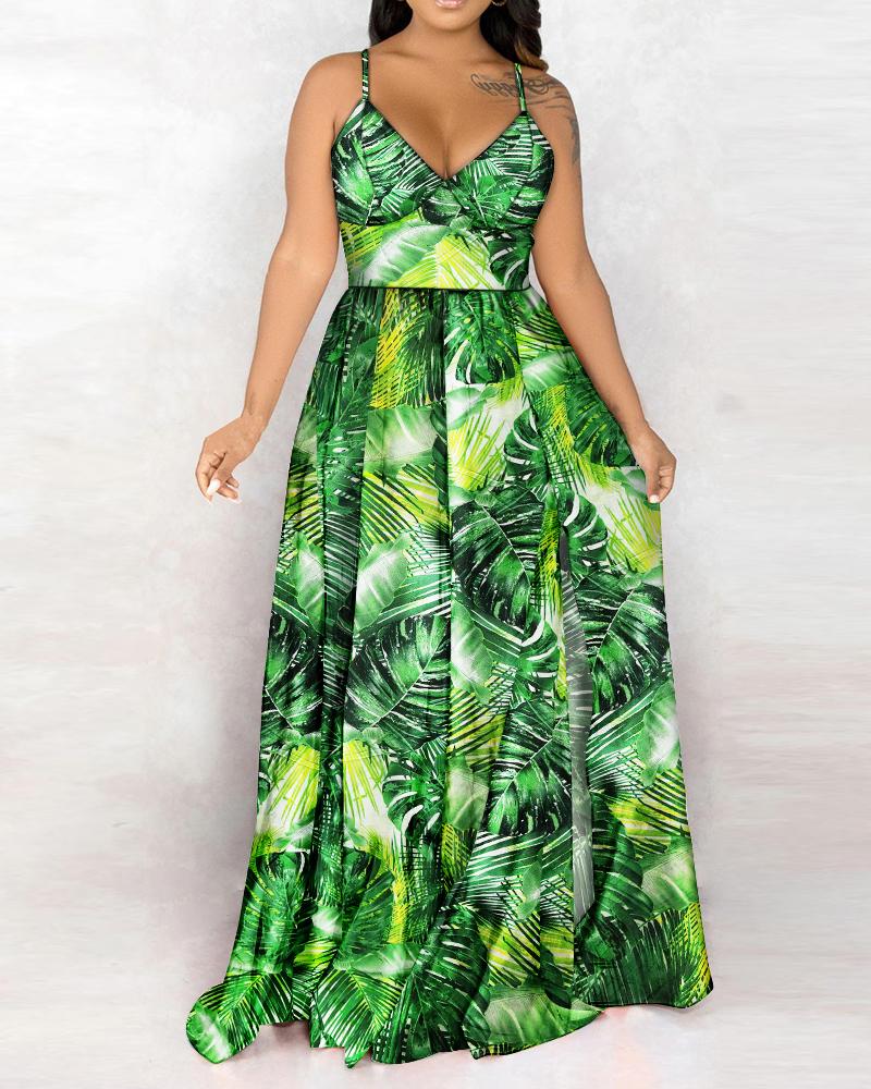 

Tropical Graphic Print Sleeveless Long Dress, Multicolor