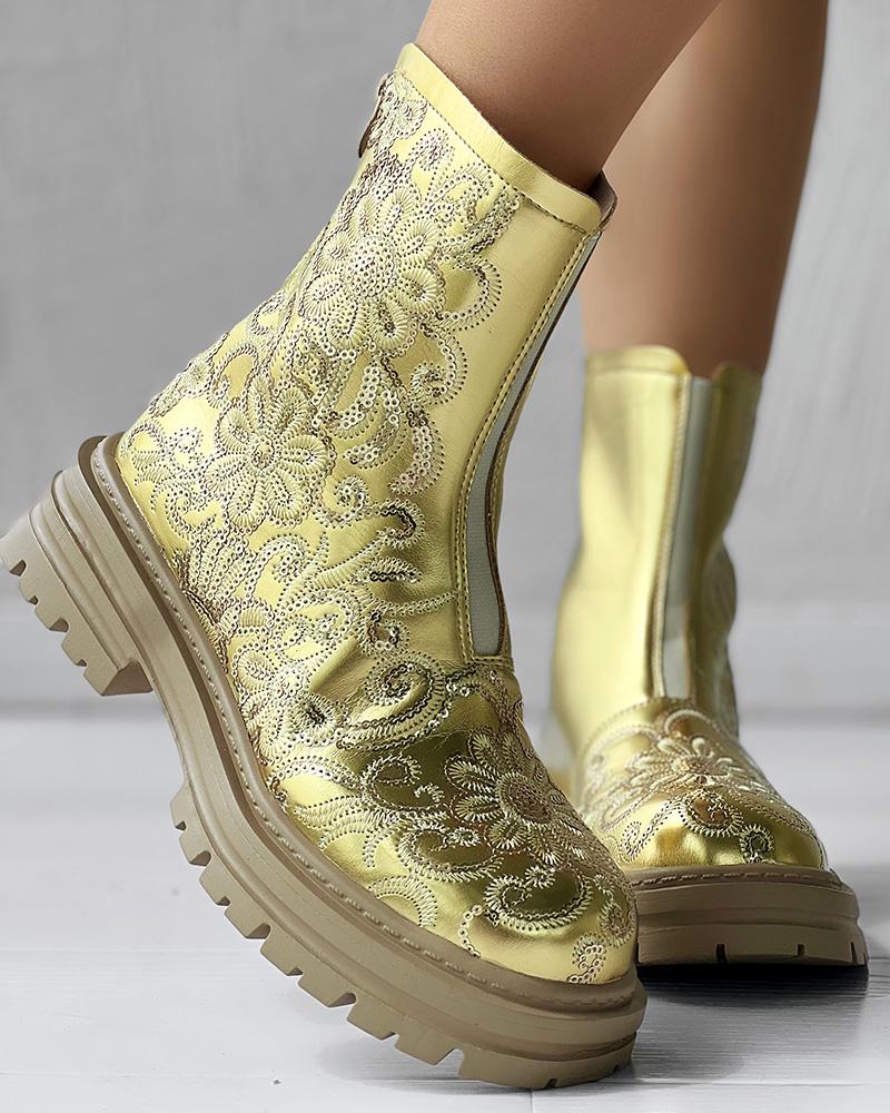 

Sequin Floral Embroidery Platform Metallic Ankle Boots, Gold