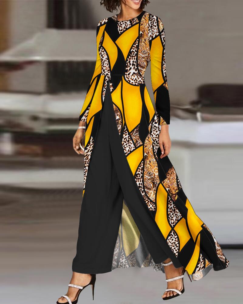 

Baroque Leopard Print Patchwork Asymmetrical Jumpsuit, Yellow