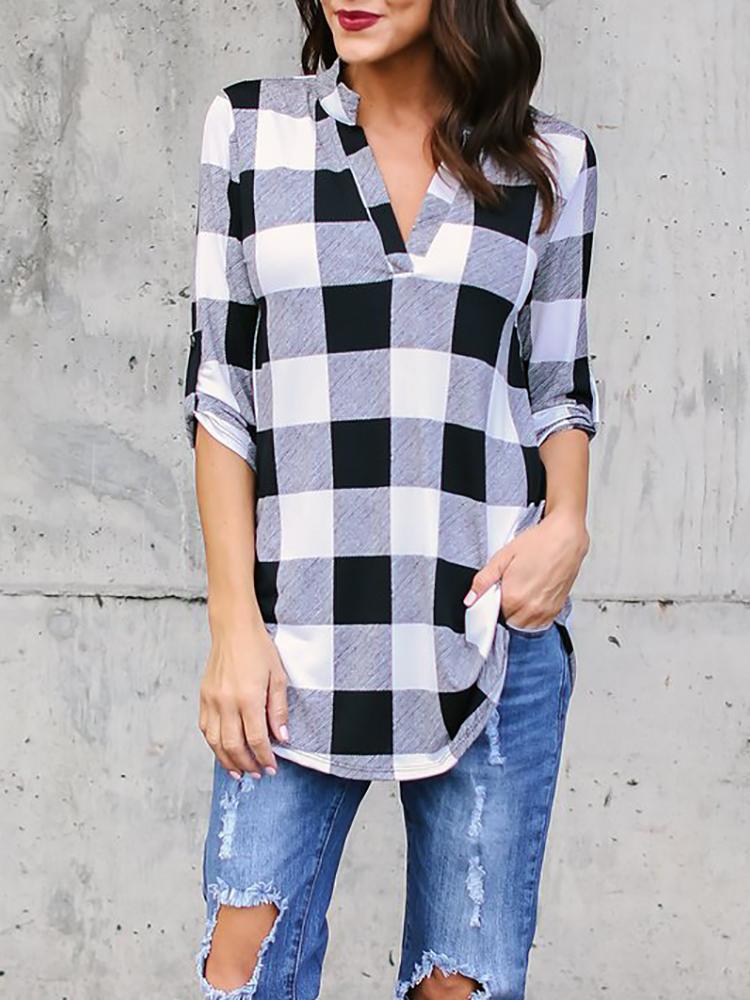 

Checkered V Neck Roll Sleeve Casual Blouse, Red;white