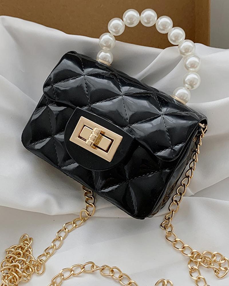 

Pastel Quilted Pearls Top Handle Chain Strap Mini Change Bag, Black