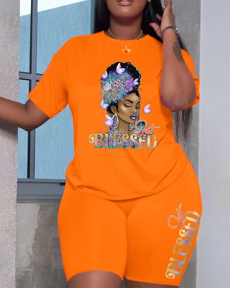 

Figure Letter Butterfly Print Casual Top & Shorts Set, Orange