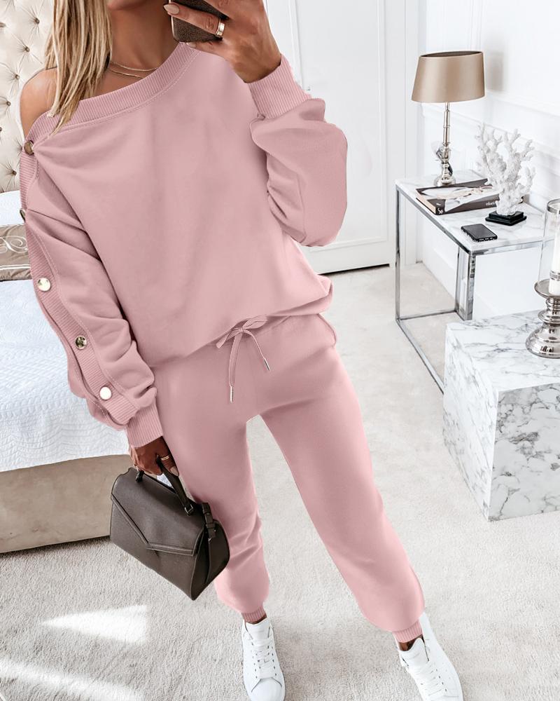 

2 Piece Outfit Long Sleeve Skew Neck Buttoned Pullover Tops and Cuffed Long Pants Tracksuit Set, Pink