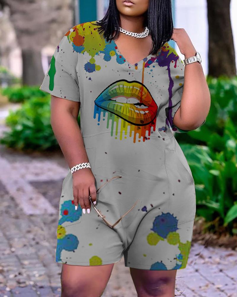

Pocket Design Lip Print Colorblock Short Sleeve Romper, Gray