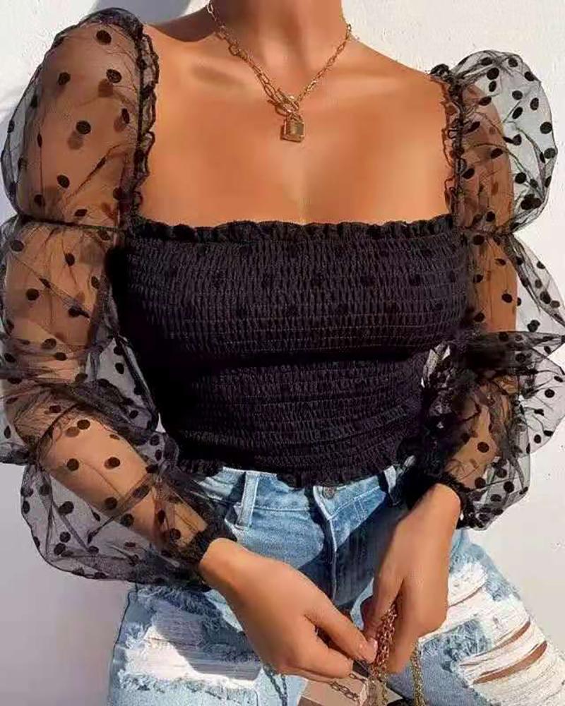 

Dot Mesh Puff Lantern Sleeve Shirred Frill Hem Top, Black