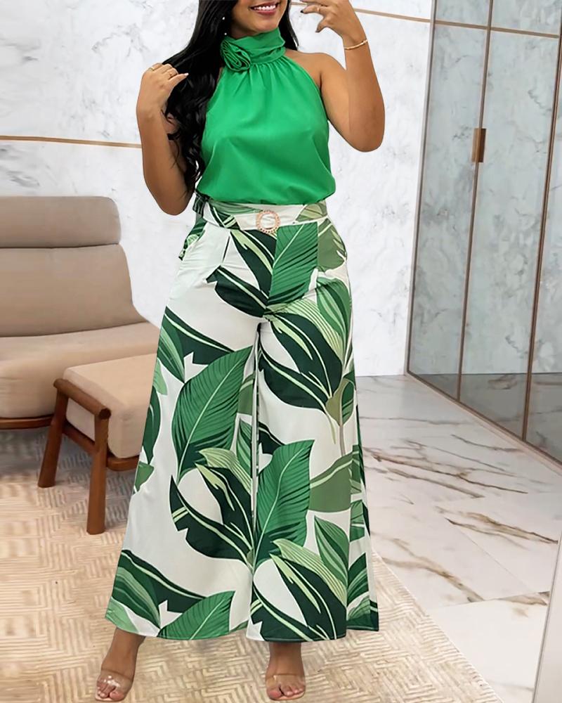 

Conjunto de 2 piezas de pantalones de pierna ancha sin mangas con cuello alto y decoración de rosas y estampado de plantas, Green