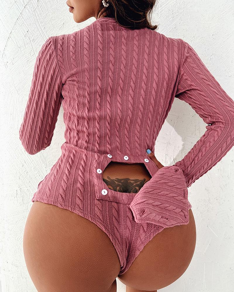 

Ribbed Button Design Functional Adult Onesie, Pink