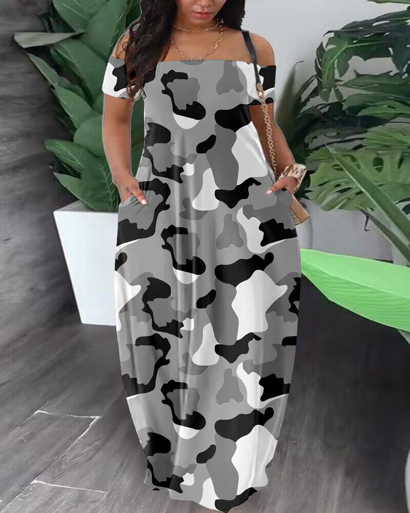 

Plus Size Camouflage Print Off Shoulder Maxi Dress, Gray