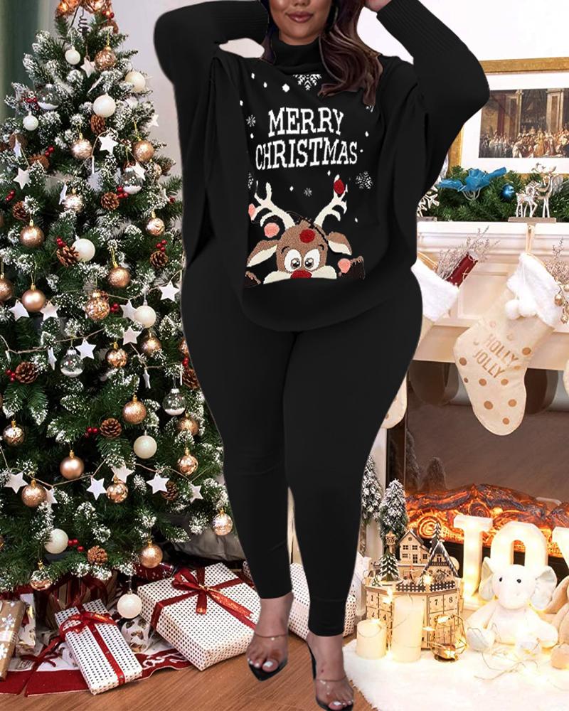 

Plus Size Christmas Elk Print Ribbed Top & Pants Set, Black