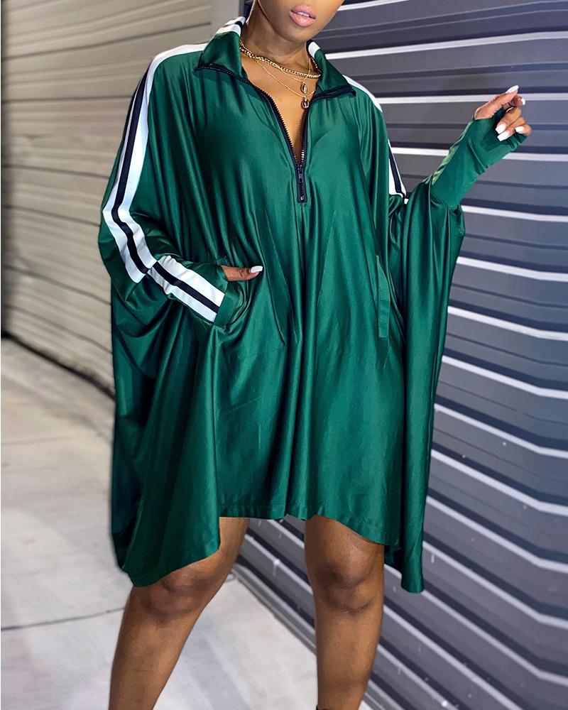 

Color Block Long Sleeve Loose Dress, Green