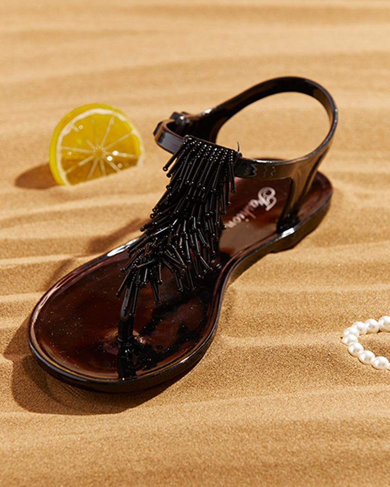 

Toe Post Colorful / Metal Tassel Beaded Flat Sandals, Black