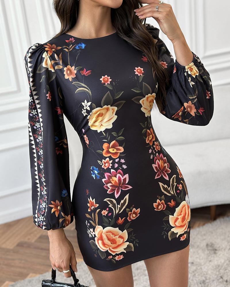 

Cutout Lantern Sleeve Floral Print Bodycon Dress, Black