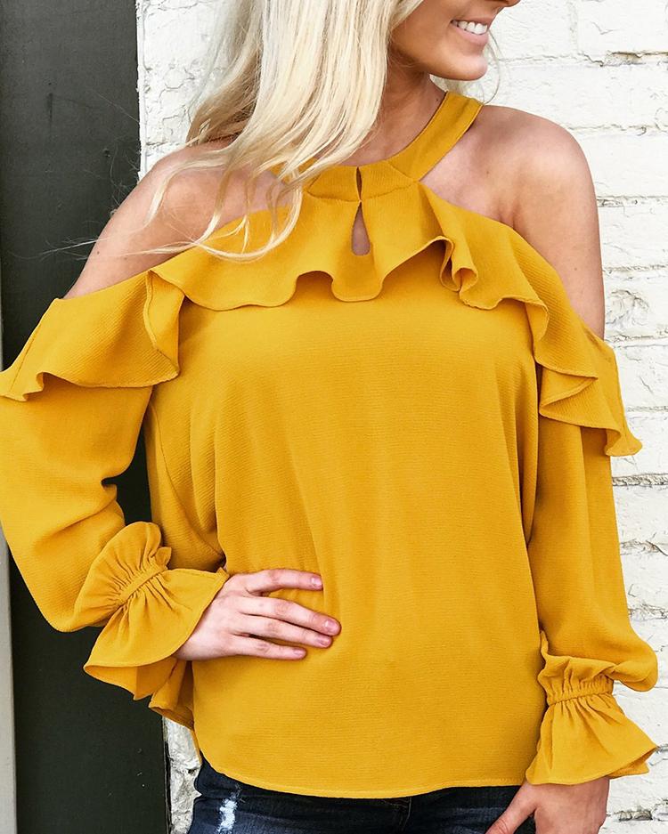 

Ruffled Open Shoulder Casual Blouse, Yellow