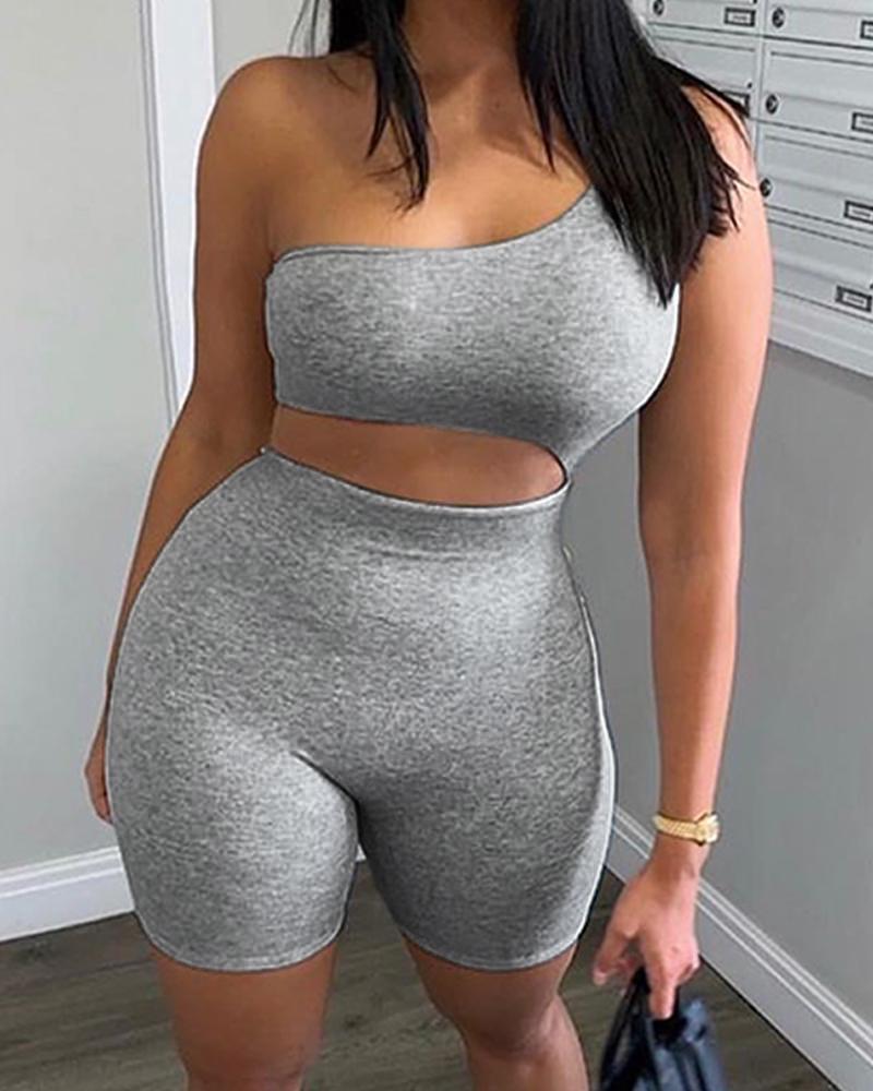 

One Shoulder Slim Fit Cut Out Fitted Romper, Gray