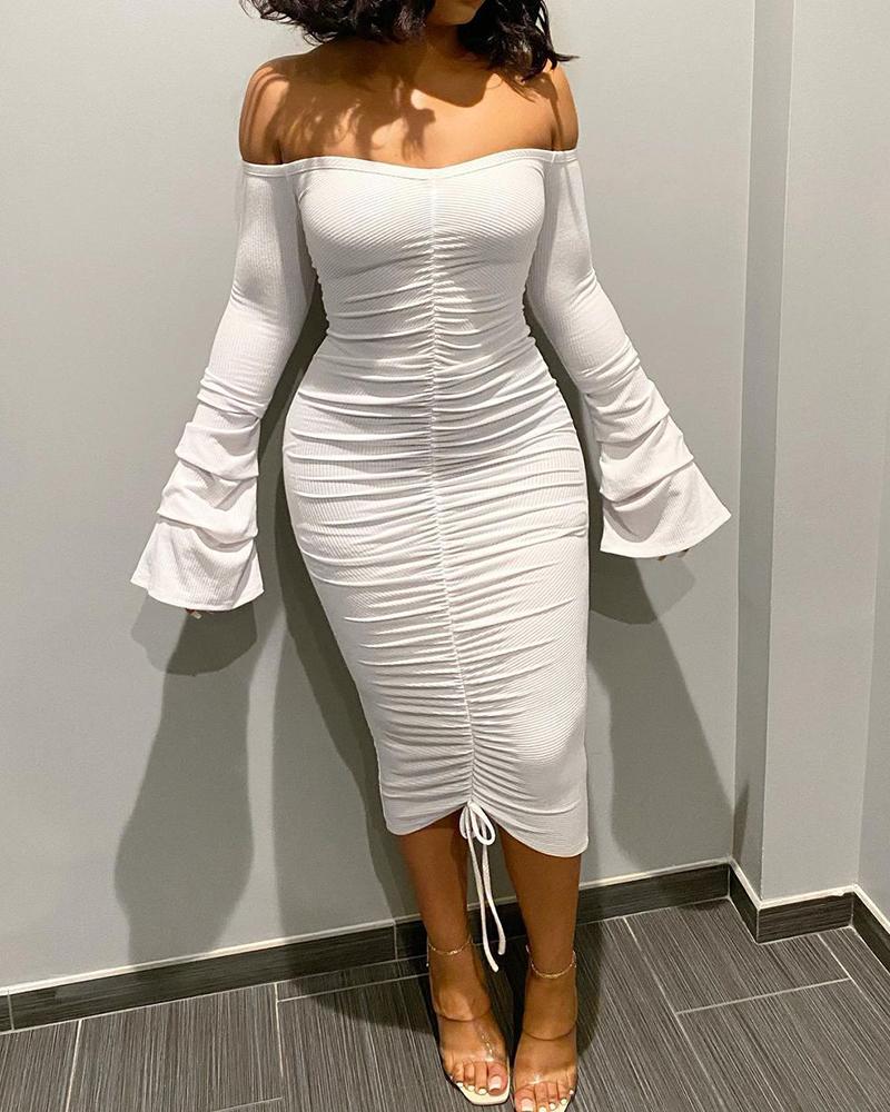 

Off Shoulder Ribbed Ruched Bell Sleeve Dress, White