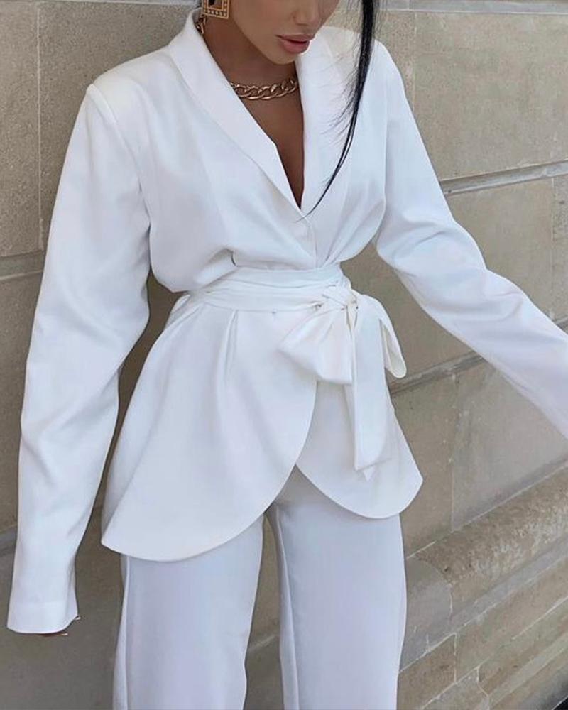 

Long Sleeve Tied Detail Coat With Belt, White