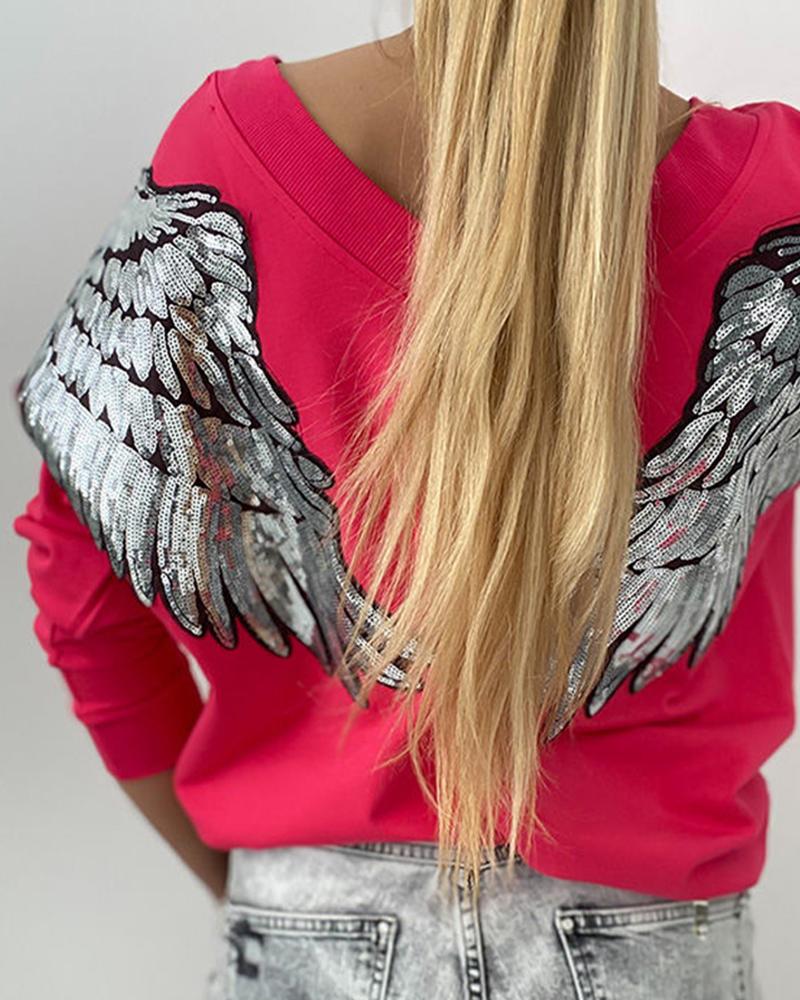 

Angel Wings Printing Long Sleeve Sweatshirt, Hot pink