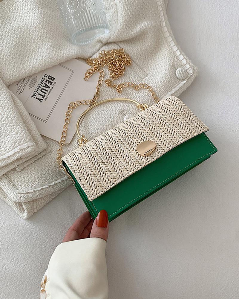 

Chain Strap Straw Flap Shoulder Bag With Handle, Green