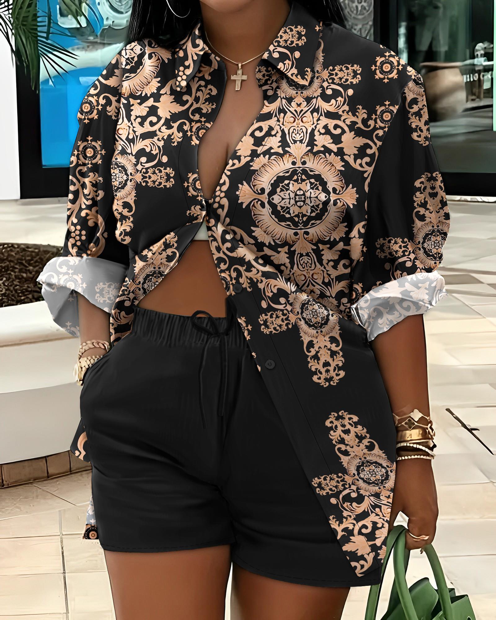 

Baroque Print Buttoned Shirt & Shorts Set, Black