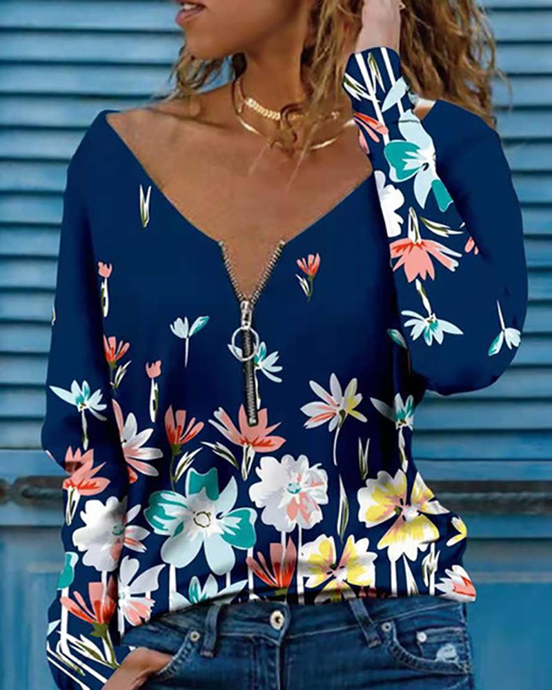 

Floral Print Zipper Design Long Sleeve Top, Blue