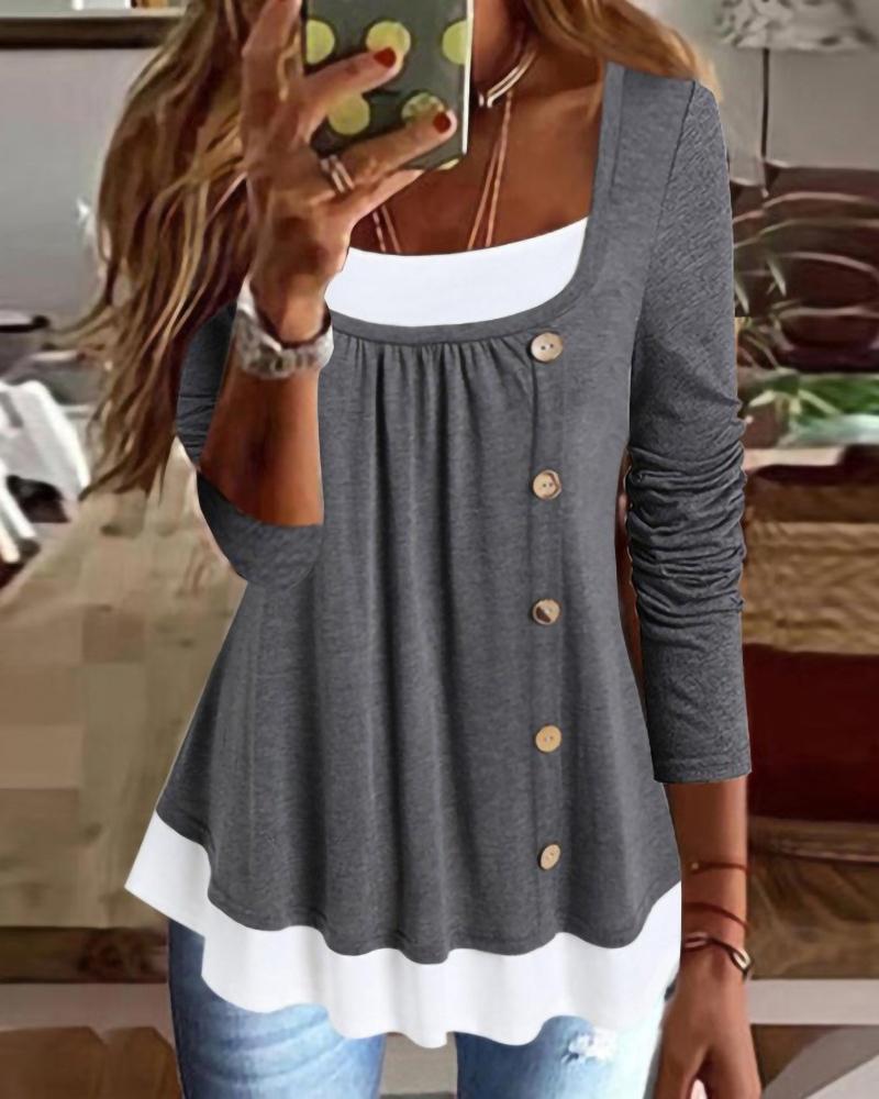 

Patchwork Button Decor Long Sleeve Top, Gray