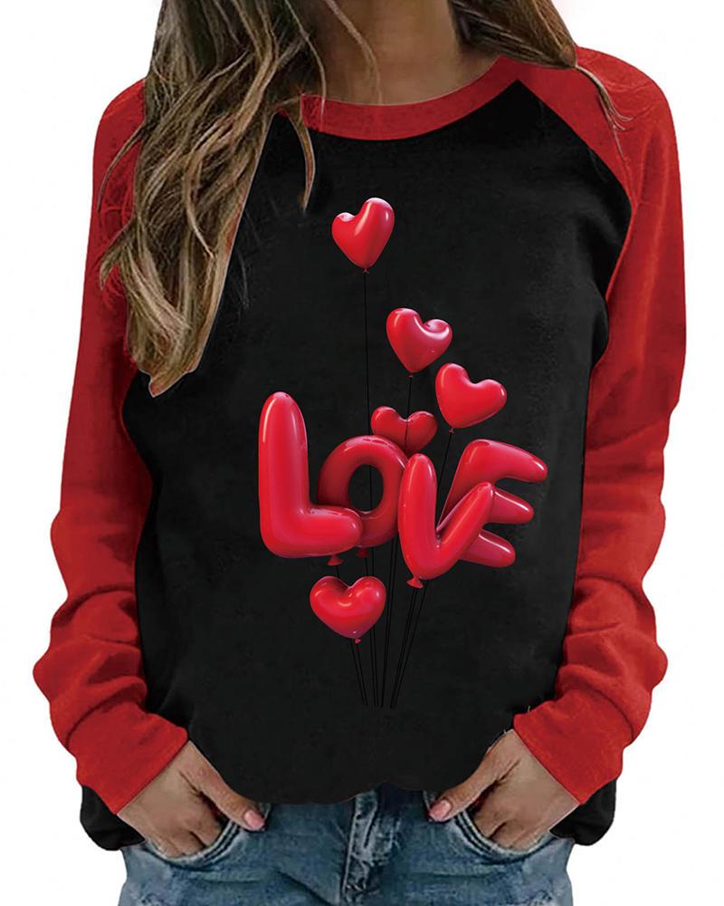 

Valentine' Day O-Neck Letter Heart Print Colorblock Top, Style2