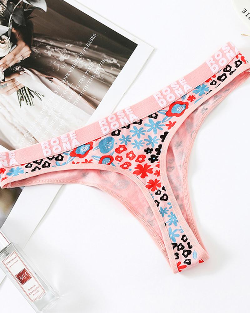 

Letter & Floral Print Low Waist Skinny Sexy Short Panties, Pink