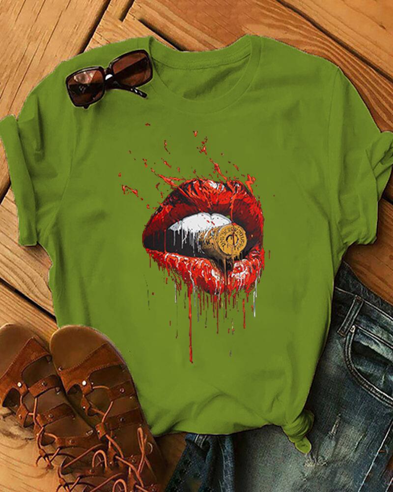 

Rouge Lips Print Short Sleeve Loose T-shirts, Green