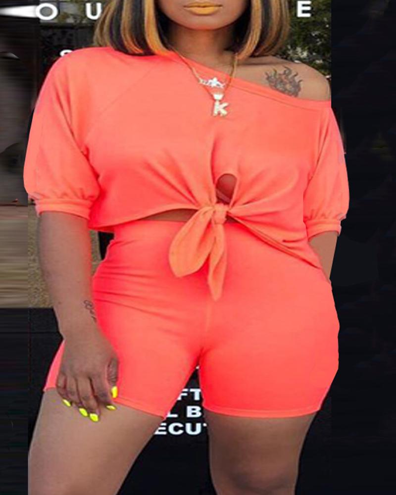 

Plus Size Tied Detail Crop Top & Shorts Set, Orange