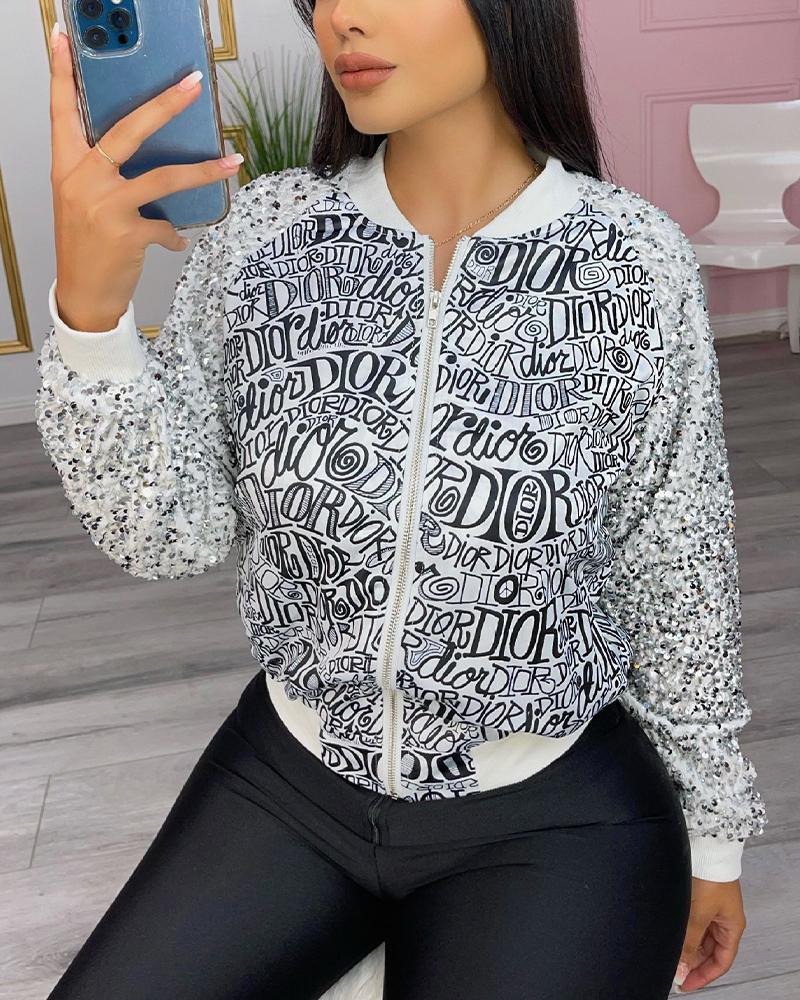 

Letter Print Contrast Sequin Long Sleeve Zip Up Jacket, White