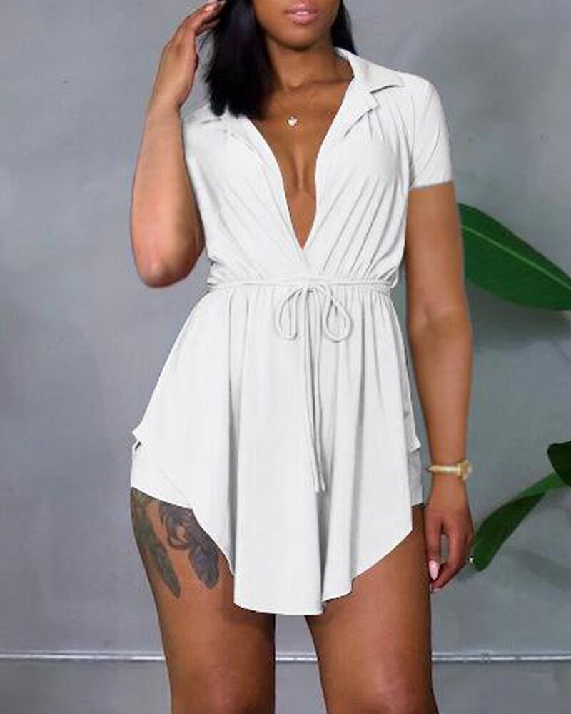 

Drawstring Waist Asymmetrical Hem Top & Shorts Set, White