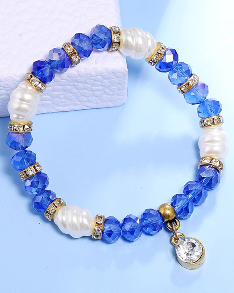 

1pc Crystal Stone Pearls Decor Beaded Bracelet, Blue